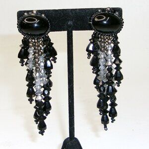 Vintage Chipita Jet Black & Austrian Crystal Beaded Dangle Clip Earrings